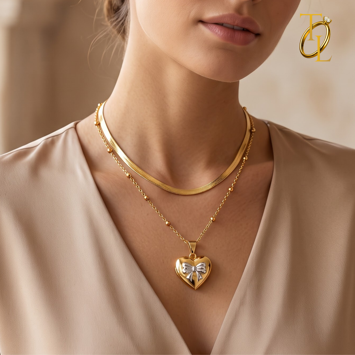 Double Layer Heart With Bow Necklace
