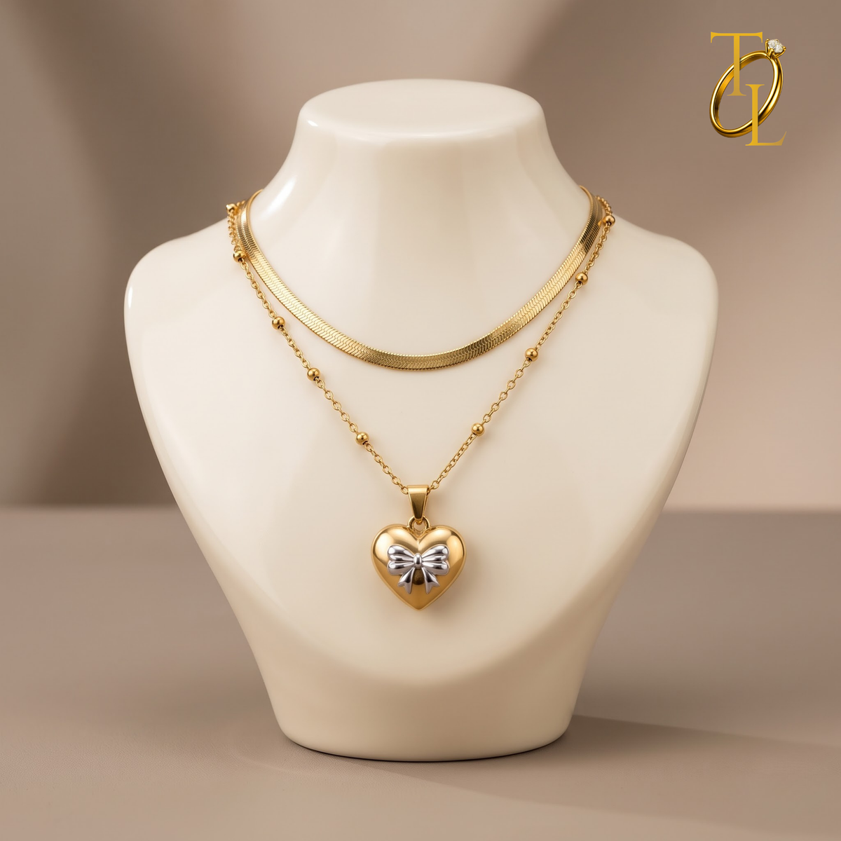 Double Layer Heart With Bow Necklace